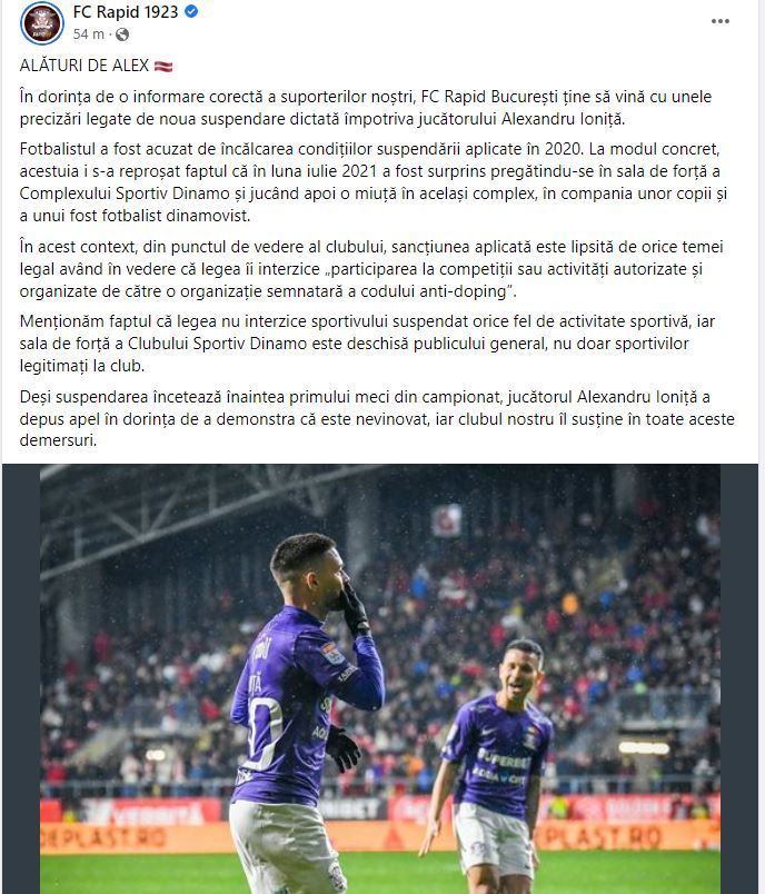 Reacție de la Rapid după anunțul că Alex Ioniță a fost suspendat din nou de Agenția Națională Anti-Doping: „Jucătorul a depus apel!” _1