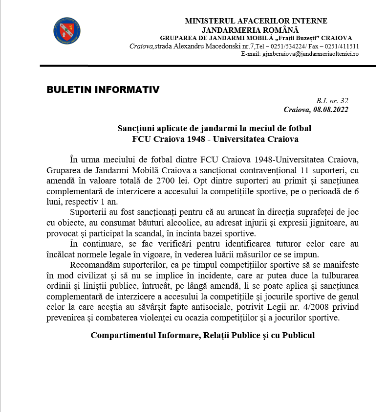 Nota de plată la FCU Craiova - Universitatea Craiova 1-2 | Comunicatul Ministerului Afacerilor Interne _2
