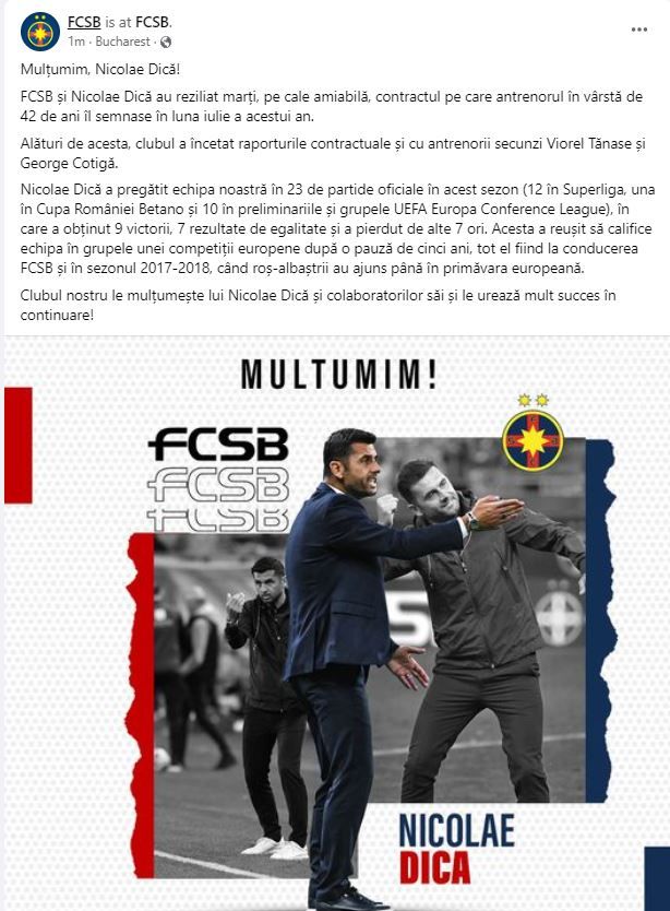FCSB a anunțat despărțirea de Nicolae Dică și staff-ul său!_2