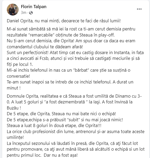 Florin Talpan, atac devastator după Dinamo - Steaua 3-0: ”Daniel Oprița, ești un perdant, nu mai minți, te faci de râsul lumii!”_1