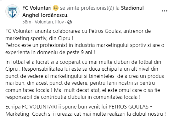 Un fel de Elias Charalambous la FC Voluntari! Clubul ilfovean a anunțat că a semnat cu un antrenor din Cipru + greșeli penibile în comunicat_1