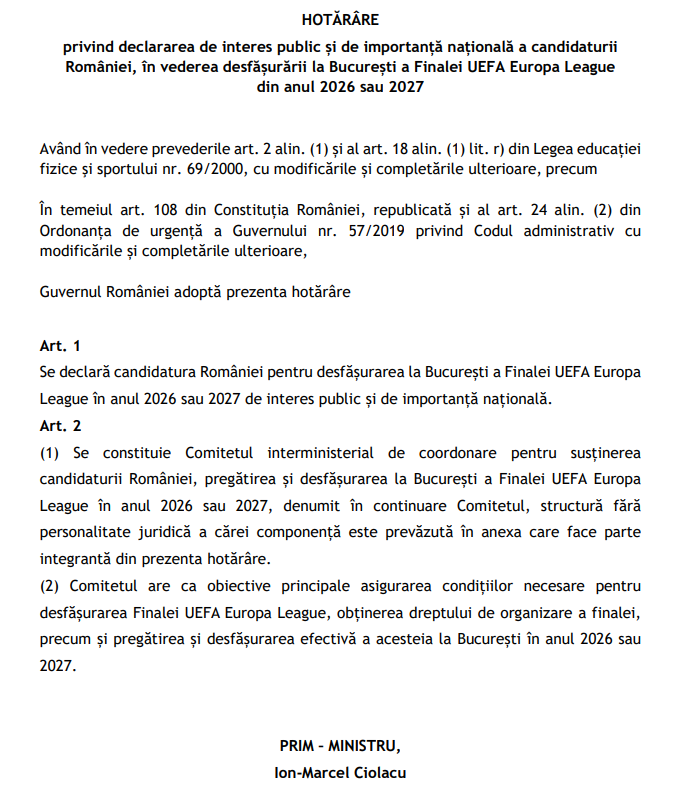 DOCUMENT All-in pentru organizarea finalei Europa League la București. Ce decizie a luat Guvernul_1