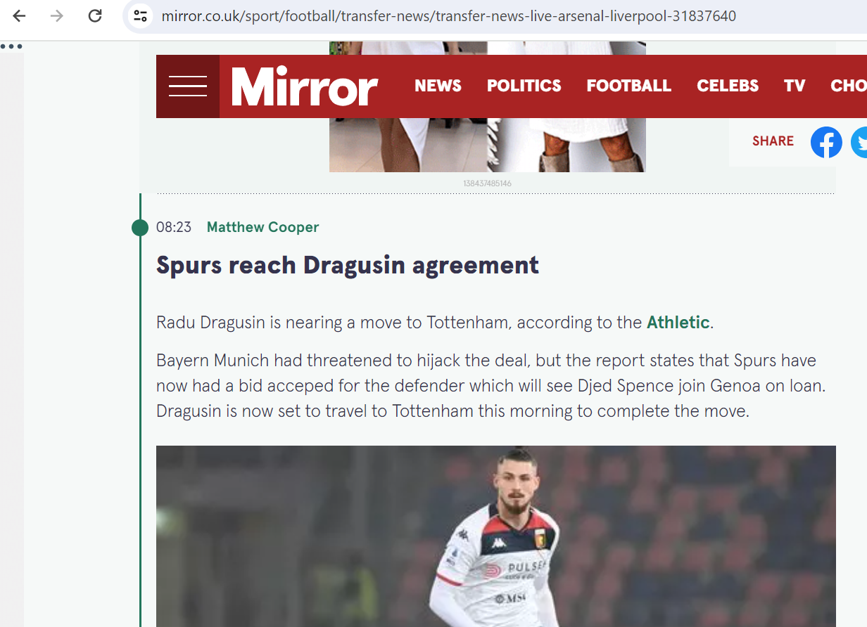 Reacția presei internaționale despre anunțul transferului lui Radu Drăgușin la Tottenham _5