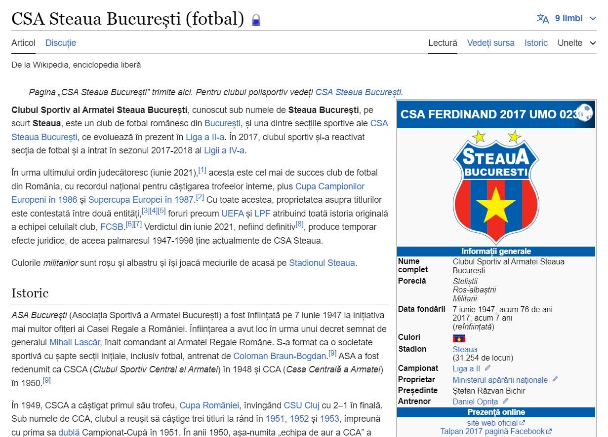 Ce grozăvie apare pe pagina de Wikipedia a CSA Steaua București, deși articolul este protejat ”pentru a preveni vandalismul”! UPDATE_1
